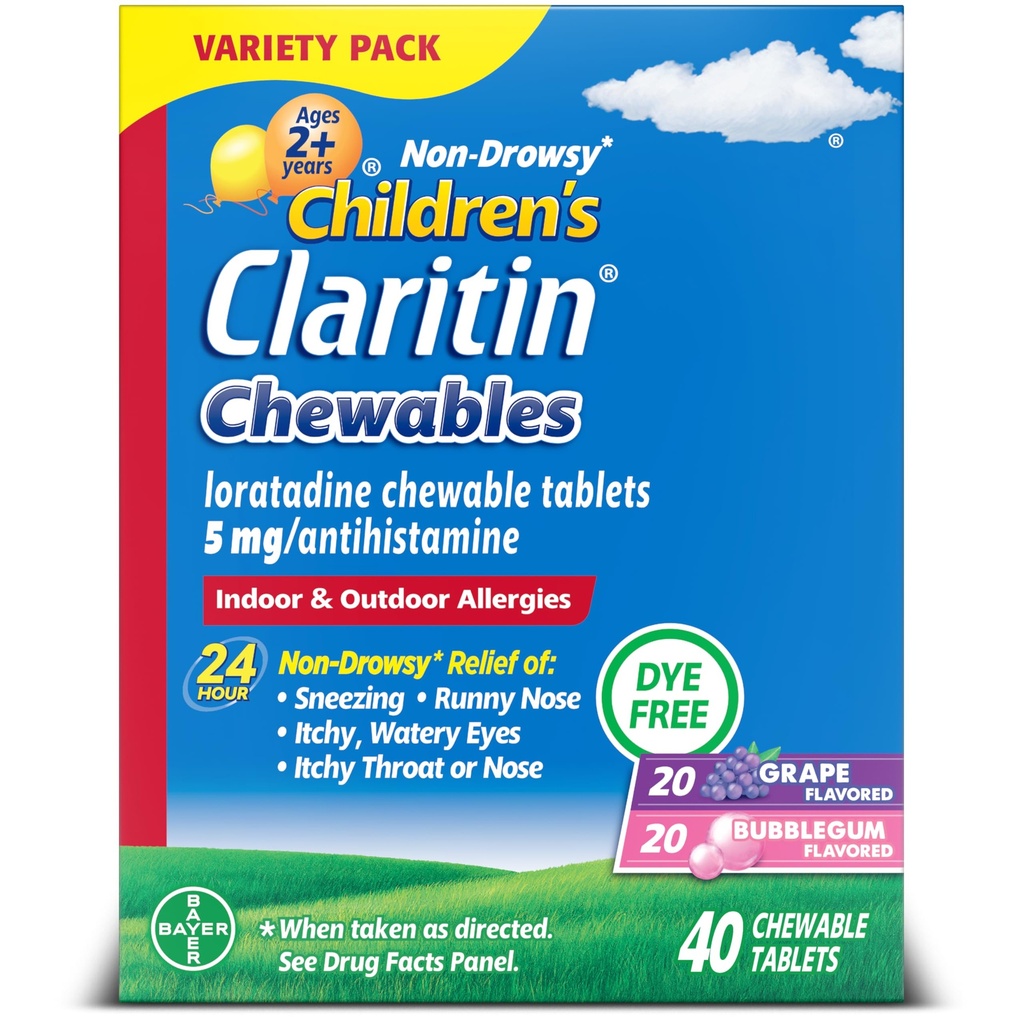 Claritin Otroška alergija Medicine, 24-urno ne-zavesna Loratadin 5mg žvečljiva tableta, Antihistaminik za otroke starosti 2 let in starejši, Grozdje & Bubble Gum arome, 40 Tablete