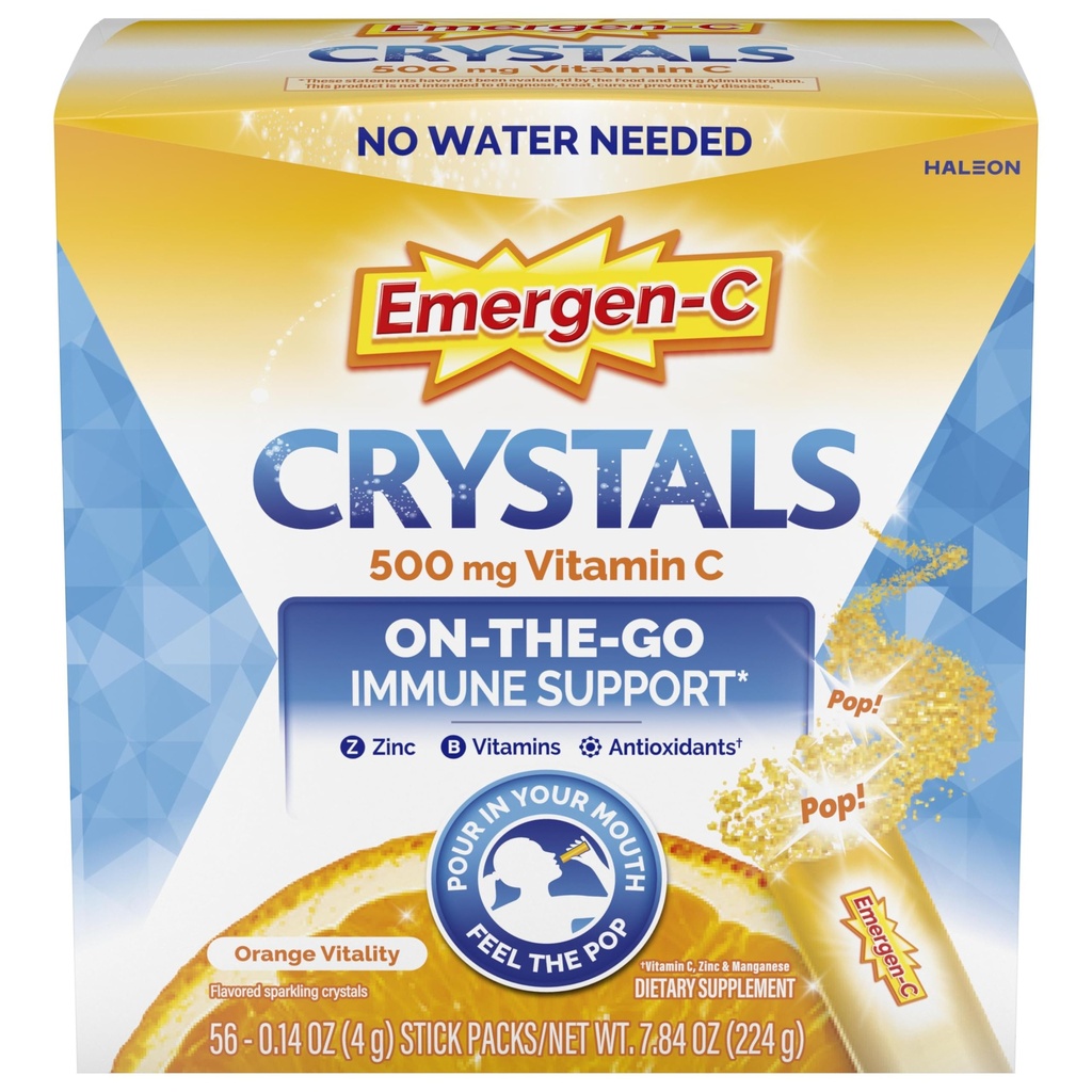 Emergen-C kristali, On-the-Go Emergen-C imunske podpore dodatek z vitaminom C, B vitamini, cink in mangan, oranžna vitalnost - 56 Packs