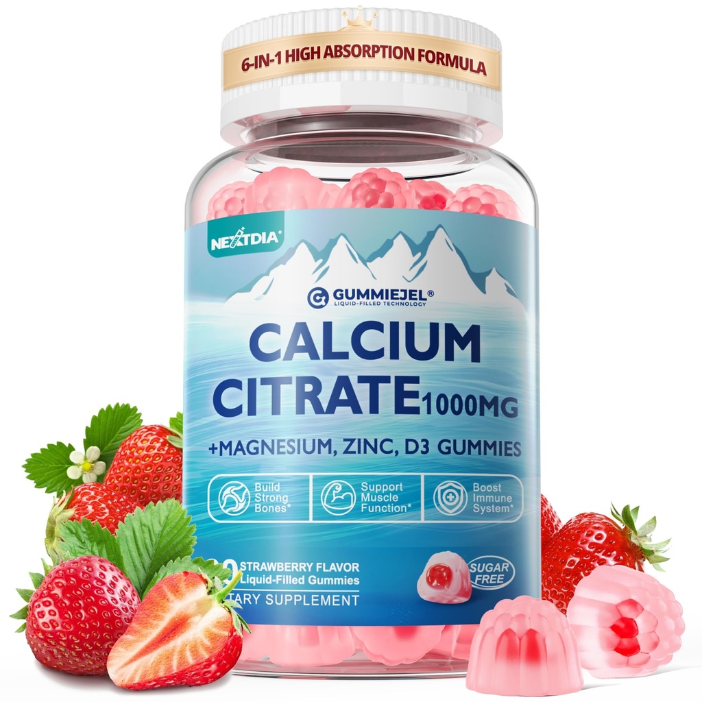 Kalcijev citrat Dodatek 1000mg za ženske in moške, 6-v-1 Kalcijev magnezijev cink Gumiji + vitamin D3, B6 & Kalijev Visoka absorpcija za kosti, zobe, mišice in živec zdravje, Vegan, sladkor brez,60Cts
