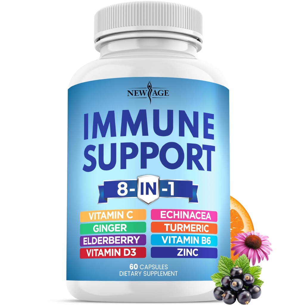 NOVA STAROST 8 v 1 Imunska podpora Booster Supplement z Echinacea, Vitamin C in cink 50mg, Vitamin D 5000 i.e., Kurkumin & Ginger, B6, Elderberry 60 Število (Pack of 1)