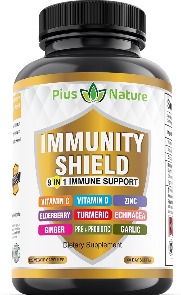 9- v-1 Imunska podpora Vitamin C (1000 mg), Vitamin D3 (5000 i. e.), Cink(22 mg) z Bezgovo jagodo, Kurkuma, Echinacea, Ginger, Česen in Pre+Pro- biotic na serviranje (120 kapsul na steklenico - 2 meseca dobave)