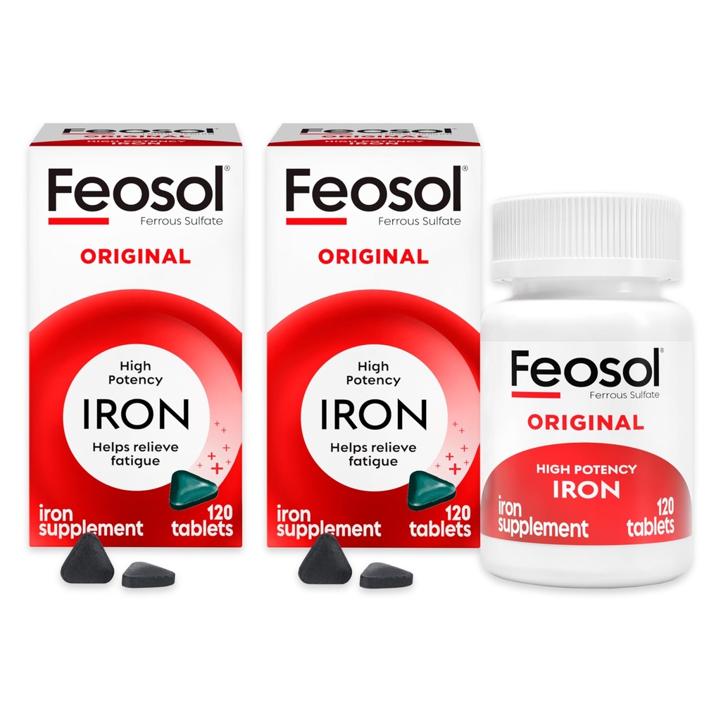 Feosol Original železove dopolnilne tablete,Non-heme 325mg železov sulfat (65mg elementarnega železa) na tableto, 1 na dan, 4 Mesec dobave, za podporo energije in imunskega sistema (120 ct paket po 2)