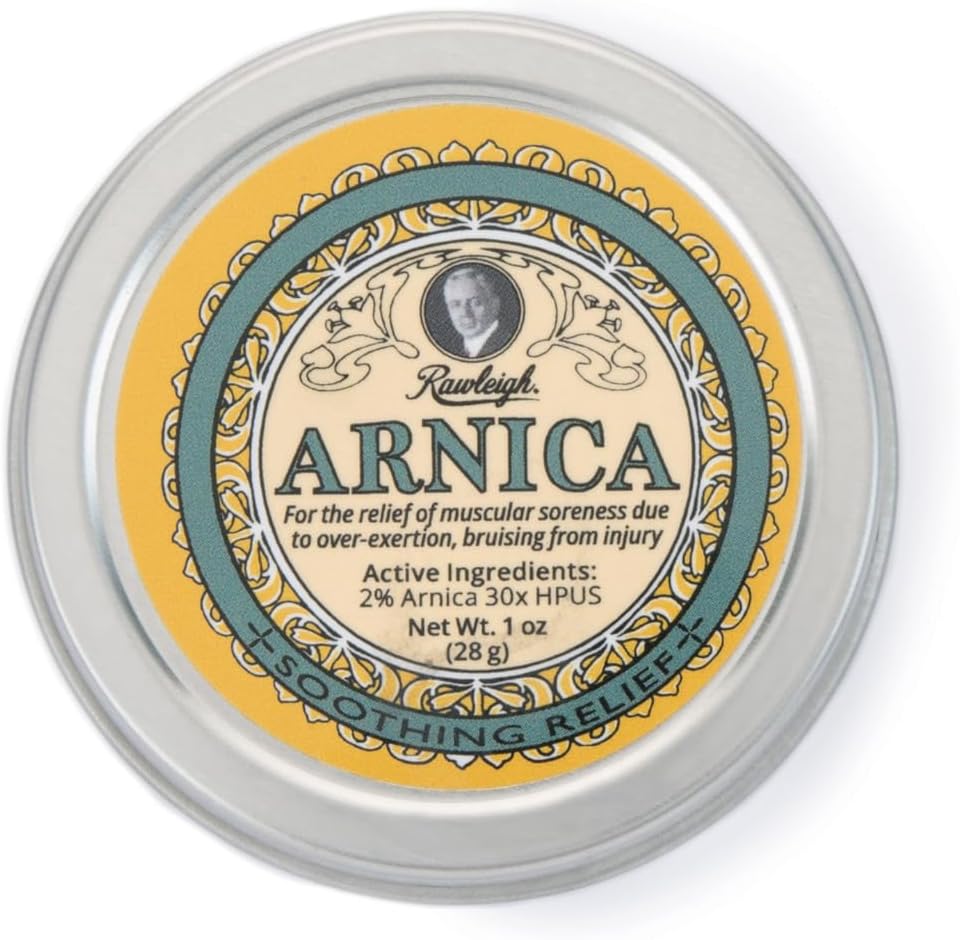 Rawleigh Arnica Pomirjujoči balzam: 1 oz, 2% Arnica 30X HPUS, naravna formula za mišično bolečino, prekomerno naporno modrico, absorbcijo hitro, nemastno, potovalno prijazno kositer - pakiranje po 1