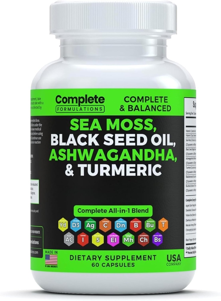 Sea Moss dodatek mešanica s črnim oljem Ashwagandha Turmeric Bladderwrack, Burdock & Vitamin C & D3 z bezgovo manuko Dandelion Yellow Dock Jodine