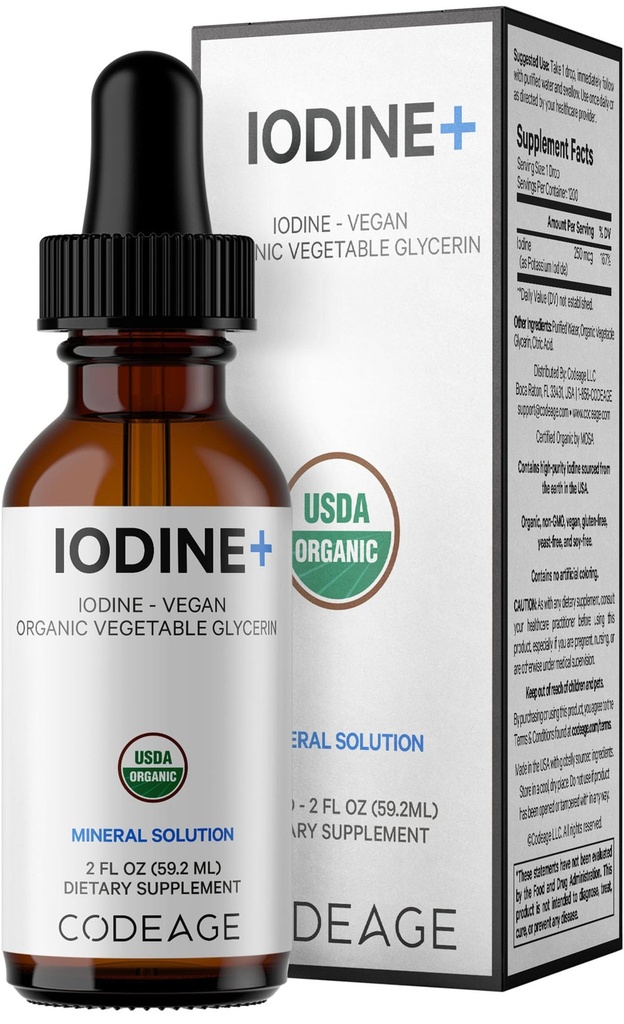 Koda USDA Certified Organic Jodine Kapljice - 250 Mcg na Serving - 1+ Leto Oskrba - Tekoči jodid dodatek - Čisti, Clear Jodine - Vegan Kalijev jodine Tekoča kapljica - 2 fl oz