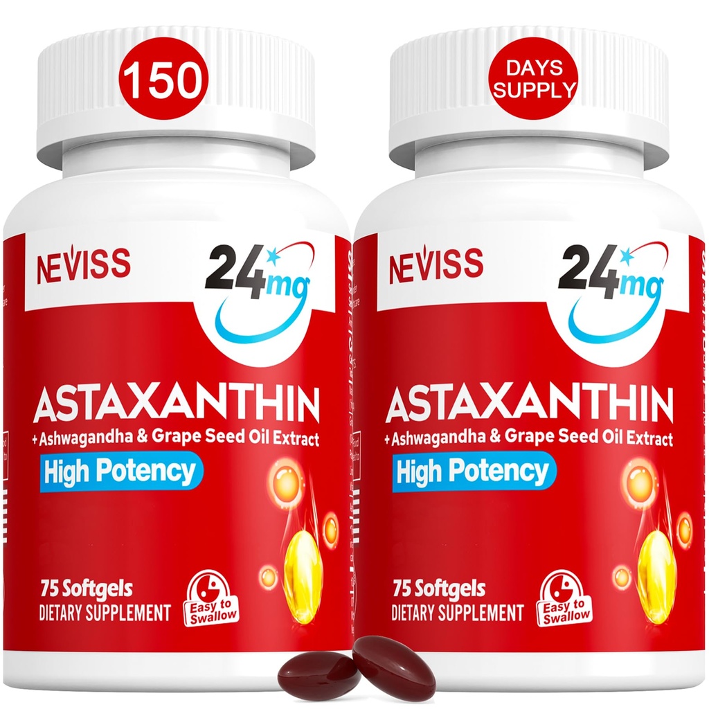 Astaksantin dopolnila 24mg, 5 Mesec dobave - Coconut MCT Olje, sveži mikroalge Vir w/Grape Semena olje, Ashwagandha - Antioksidanti za zdravo kožo, oči, staranje - Non-GMO & Gluten Free, 150 Softgels