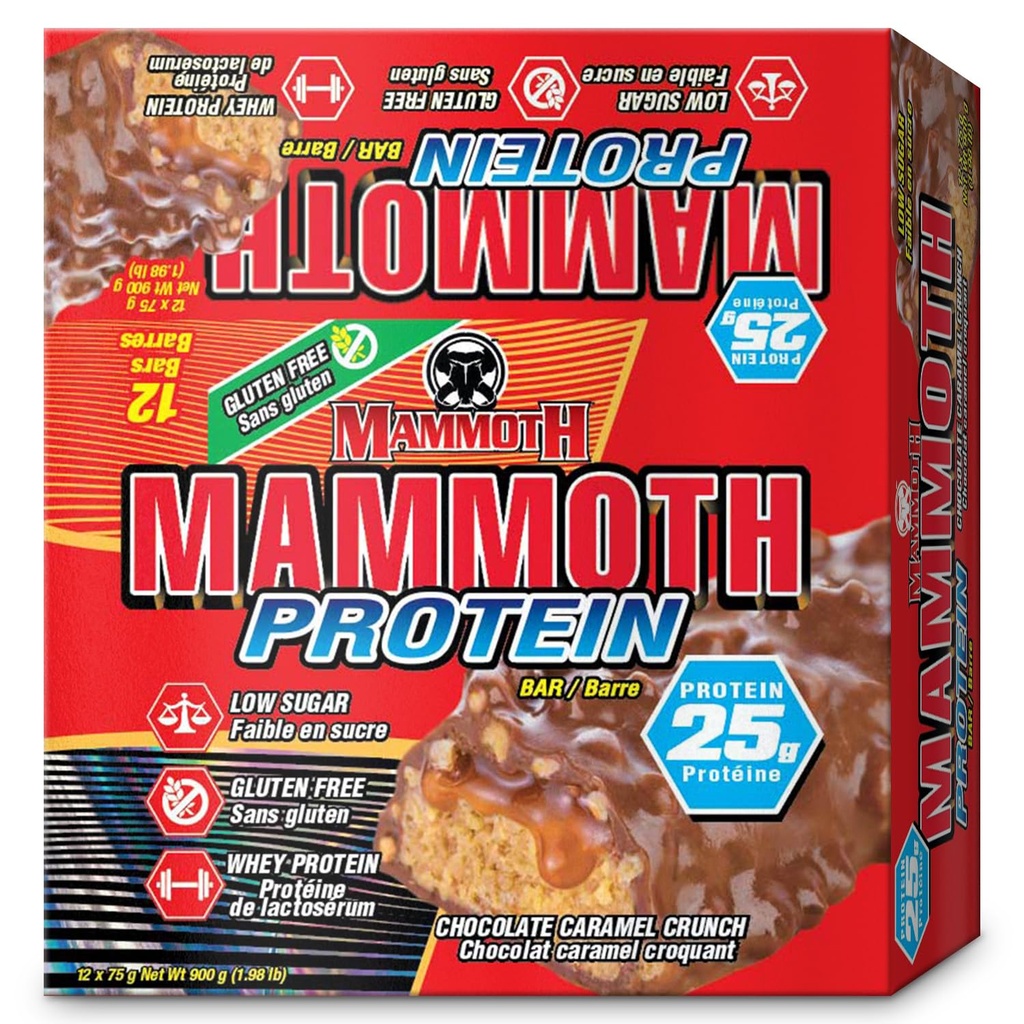 Beljakovinska ploščica MAMMOTH, Crunch kikirikijevega masla, 25 g beljakovin, nizko vsebnostjo sladkorja, brez glutena, 12 x 65 g (12 gramov) (krutnje arašidovega masla iz čokolade)