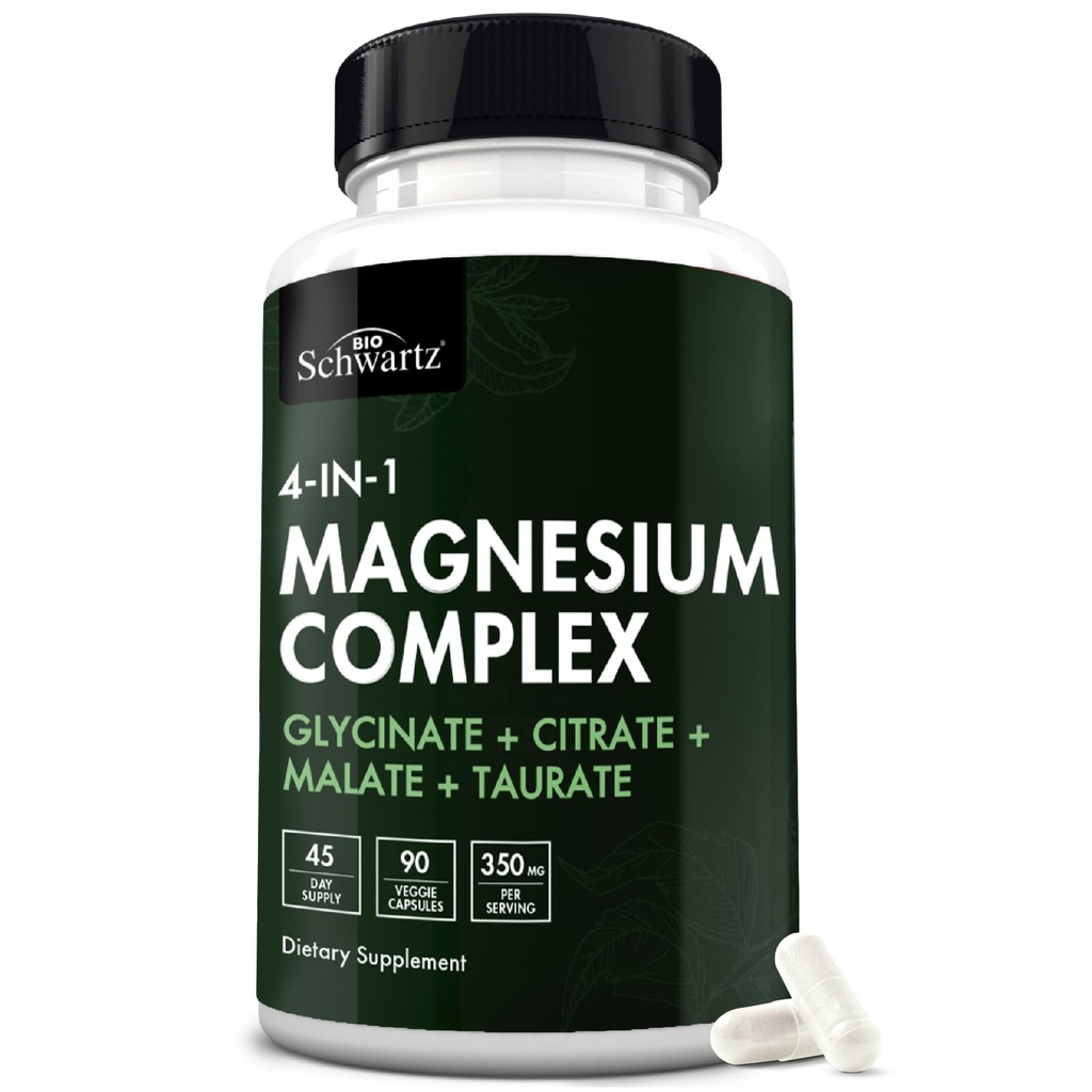 BioSchwartz Magnezij Complex Supplement (90 kapsul) 350mg Magnezijev Glicinat Citrat Malate in Taurat na služijo za zdrave živcev mišice podporo za spanje srca (Vegan, Gluten-free, Non-GMO)
