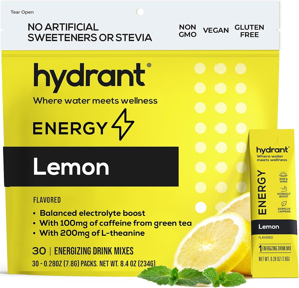 HYDRANT Energija Lemon Flavor 30 Pack, Kofein & L-Theanine hitro Hidracija Mix, Elektrolitski Hydration Powder Packets z cinkom
