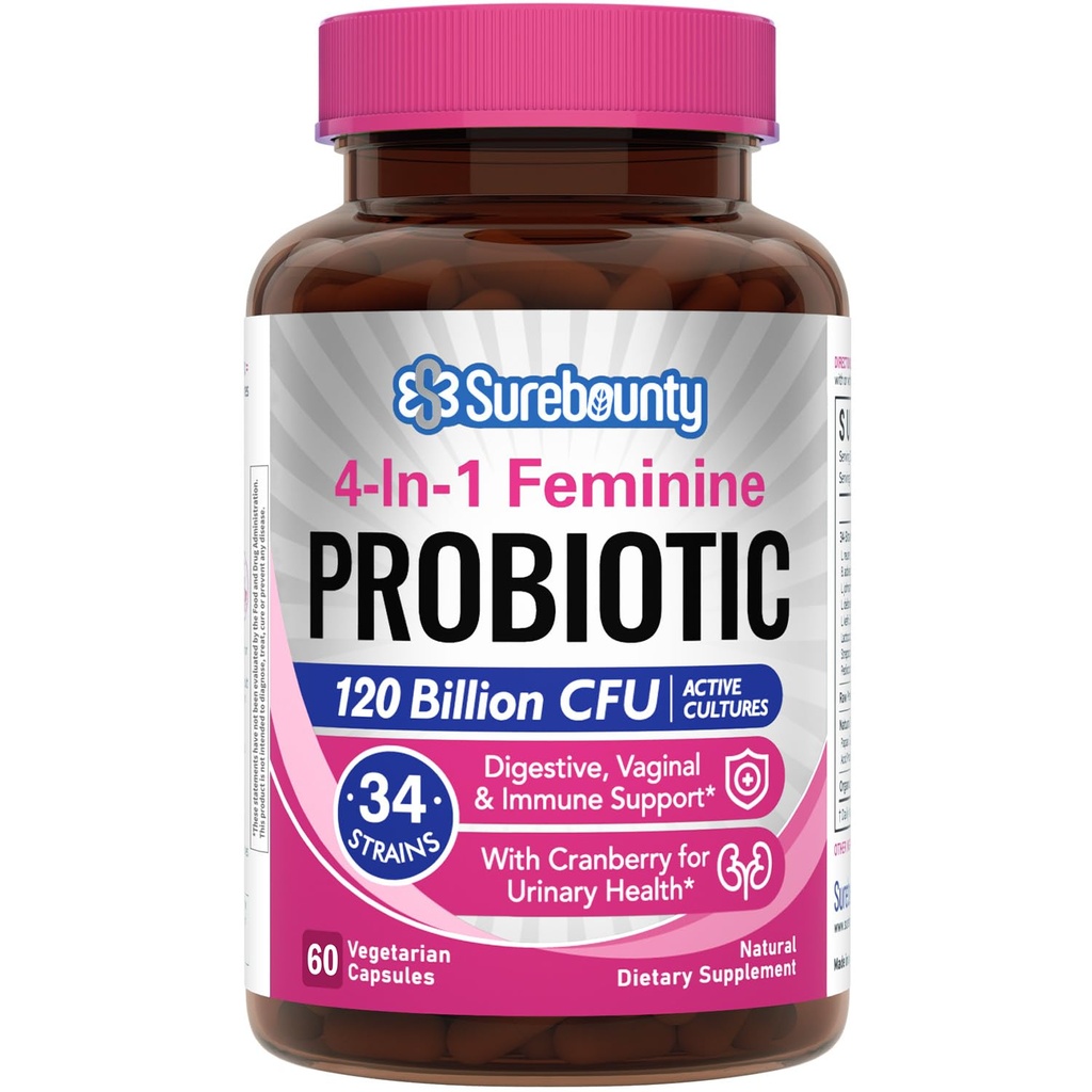 Probiotiki za ženske, 120 milijard CFU 34 sevi, Prebiotiki, Pregestivne encime, brusnice, 4-v-1 femininski probiotik, Prebavni, Vaginalni, Imunska podpora, 60ct