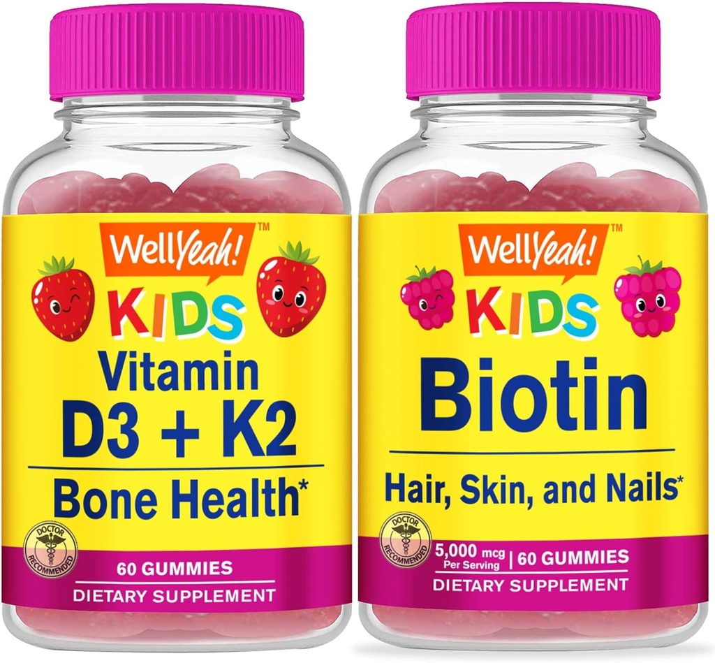 WellYeah Vitamin D3+K2 Otroci + Biotin Otroci, Gummies Bundle - odličen okus, Vitamin dopolnilo, Gluten brezplačno, GSO brezplačno, Žvečljivi Gummy