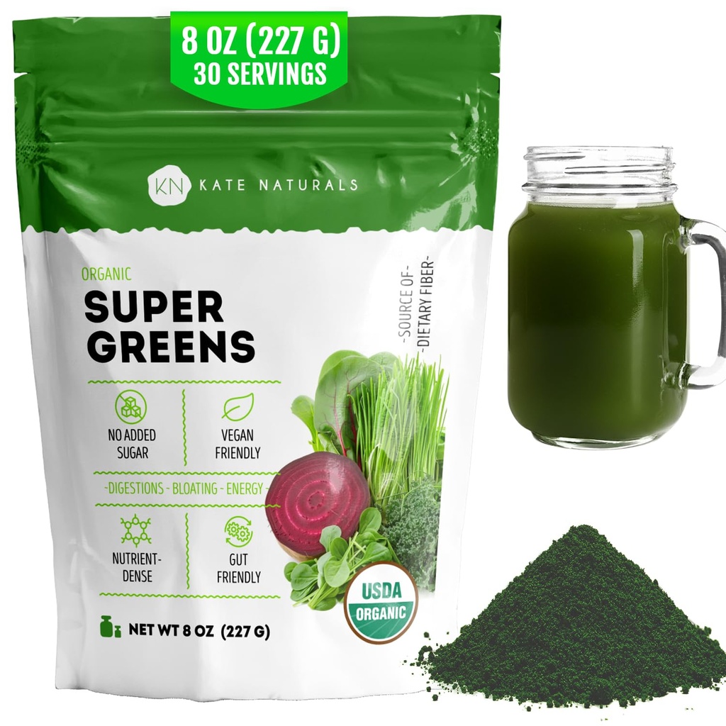 Kate Naturals Organic Super Greens prašek. Daily Greens Superfood Mešanica s probiotiki & Fiber za napitke in sok (30 strežnice, 8oz, naravni)