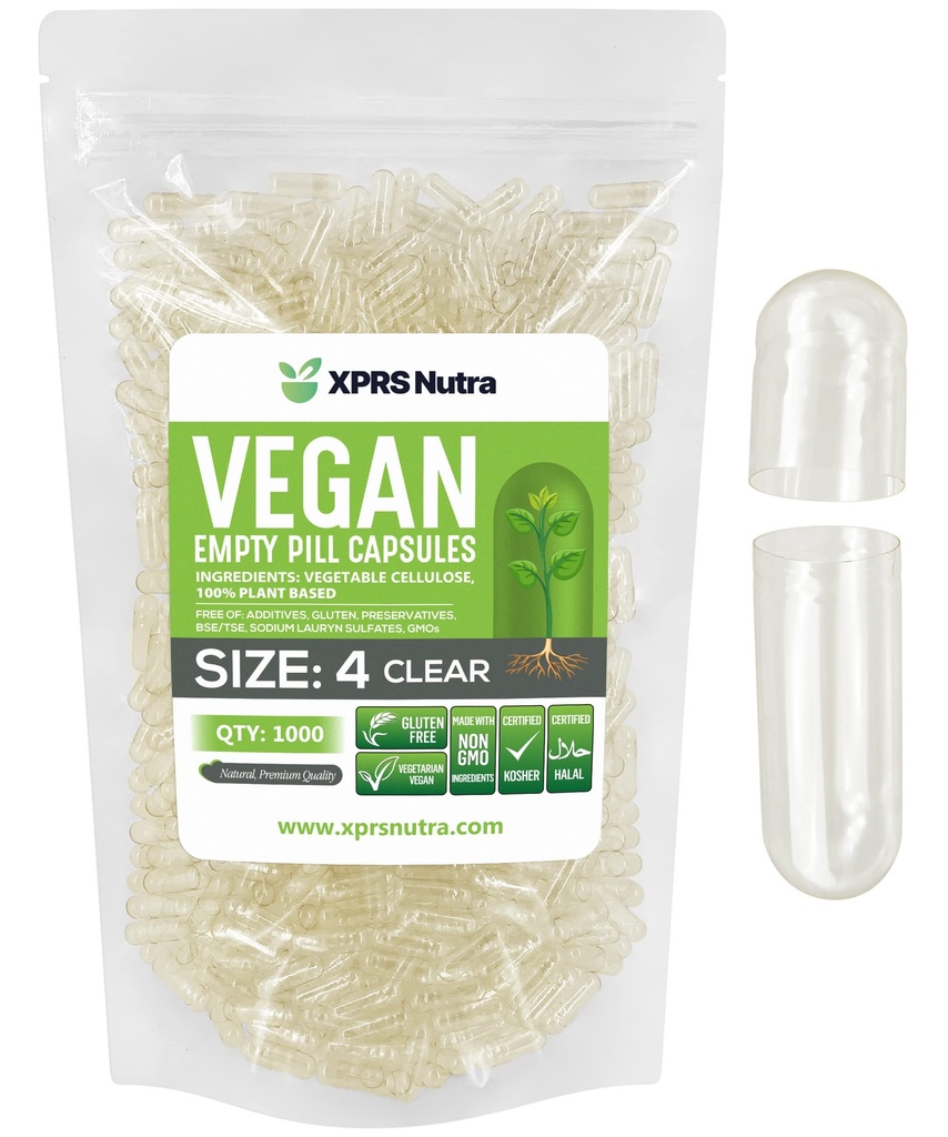 XPRS Nutra velikost 4 prazne kapsule - 1000 Štetje majhne čiste prazne veganske kapsule - vegetarijanske tablete - DIY Zelenjavna kapsula Polnjenje - Napolnjeno Do-it-Your Your-Your Veggie caps za dodatke