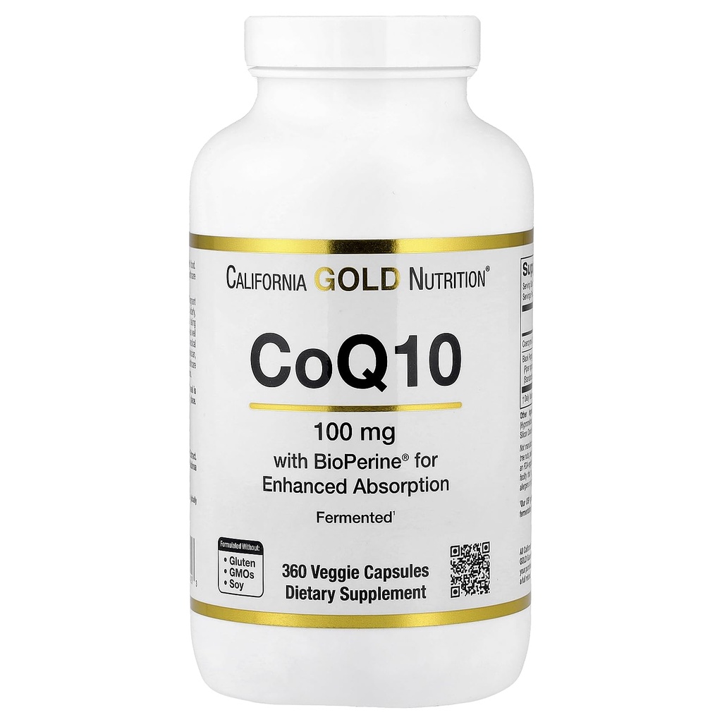 CoQ10 100 mg, koencim Q10 Ubikinon USP z bioperinom črna paprika za izboljšano absorpcijo, podpira mitohondrijsko funkcijo*, 360 Veggie kapsule