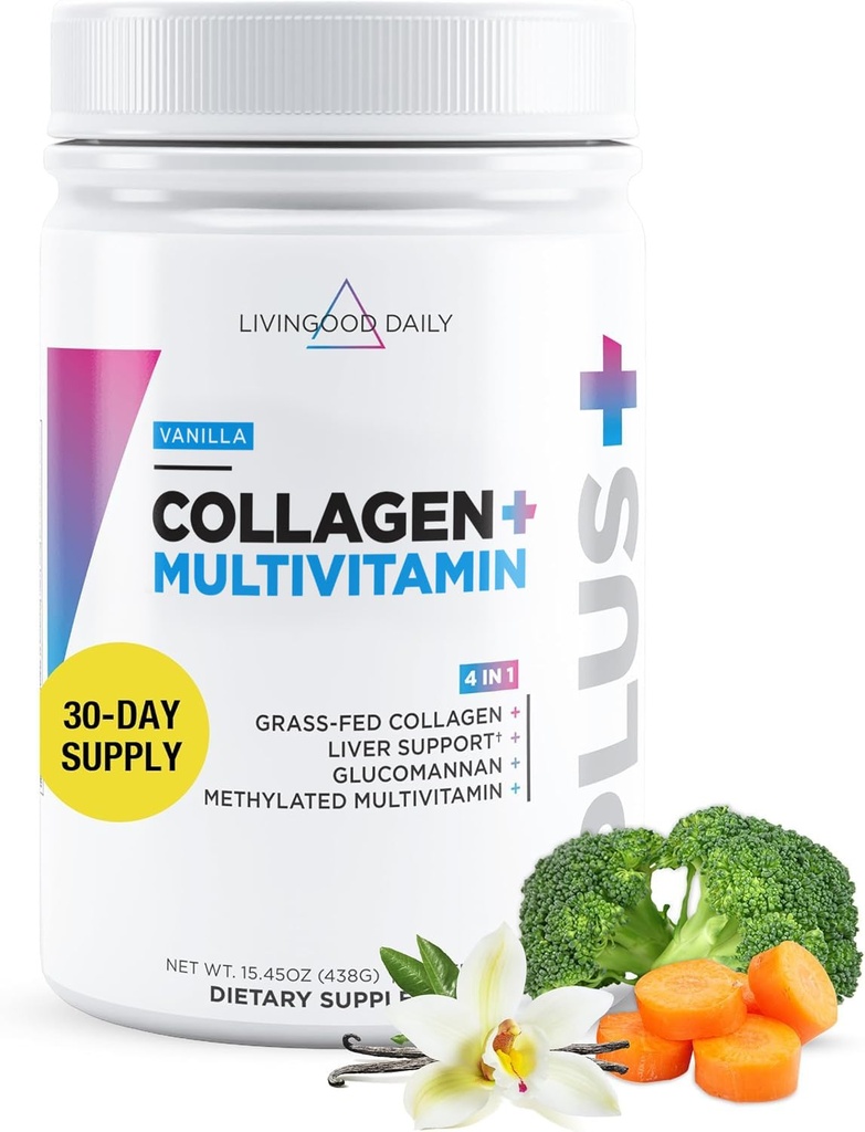 Livingood Daily Collagen Prašek za ženske in moške, Vanilla, Grass Fed Protein, hidrolizirani kolagen Peptide z vitaminom C in več vitamini za lase, kožo, nohte in drobovje zdravje, Gluten brezplačno, 30 Serving