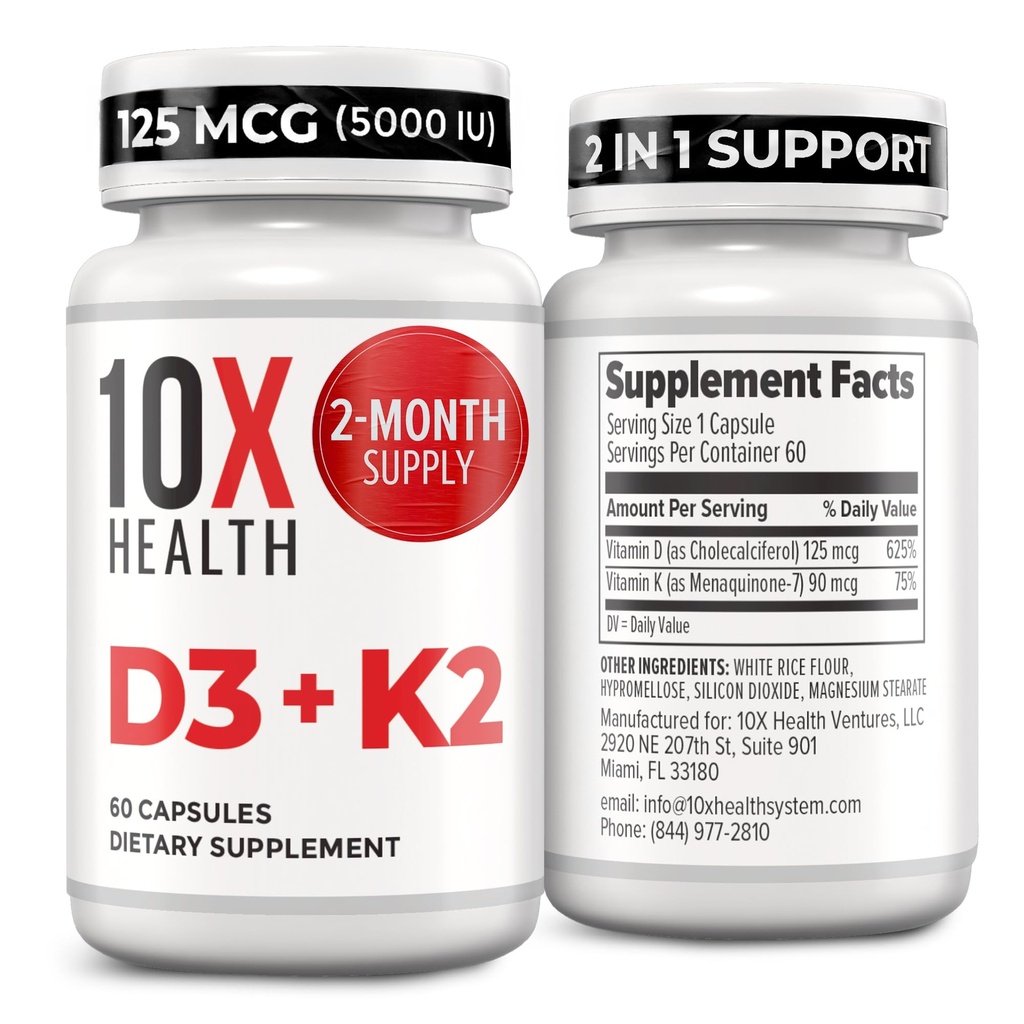 10X Health Vitamin D3 5000 i.e. & K2 MK7 - menakinon 7, visokopotenzivna D3 K2 Vitaminska dopolnila za zdravje kosti, srce in zobe - 125 μg Vitamin D & 90 μg Vitamin K2-60 Kapsule