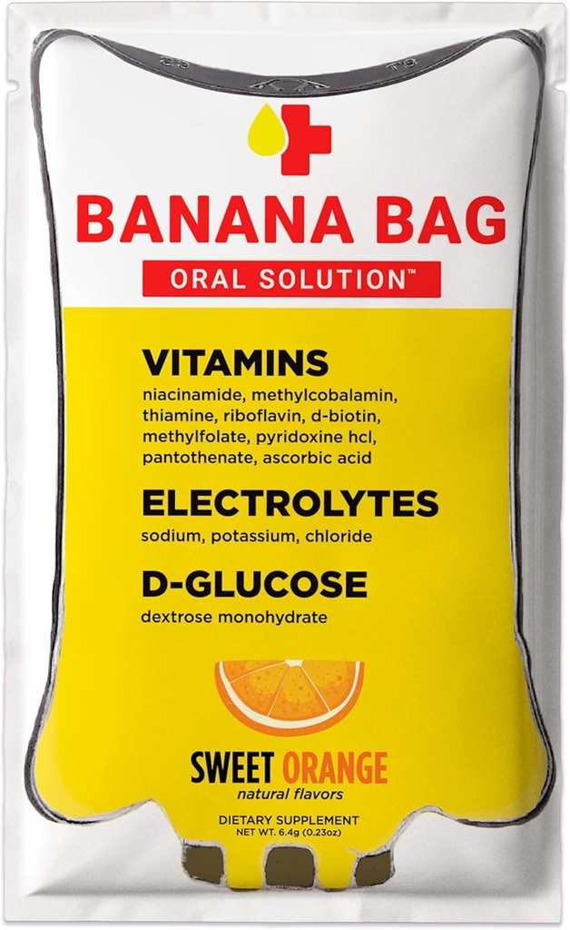 Banana Bag Oral Solution Recovery Packets – Sweet Orange 5pk | A Refreshing Blend of Electrolytes, Vitamin C, and B-Complex for Hydration and Energy. Convenient, Easy-to-Mix, and Perfect for Any Lifestyle.