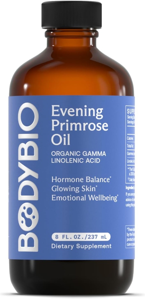 BodyBio Evening Primrose Oil - naravna gama linolenska kislina za zdravo kožo in hormonsko ravnovesje - ne-GMO, hladno stiskana - 8oz