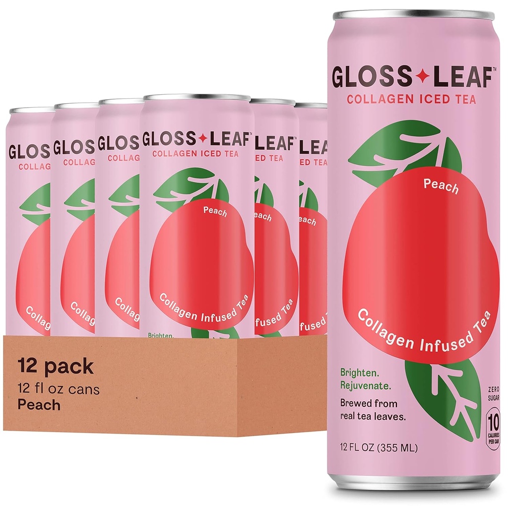Gloss Leaf Collagen Iced Tea (Zero-Sugar, Peach): Zamašeni črni čaj s kolagen peptidi beljakovine & vitamin C, Lepota & Anti-Aging, 12 Fl Oz, 12 Pack