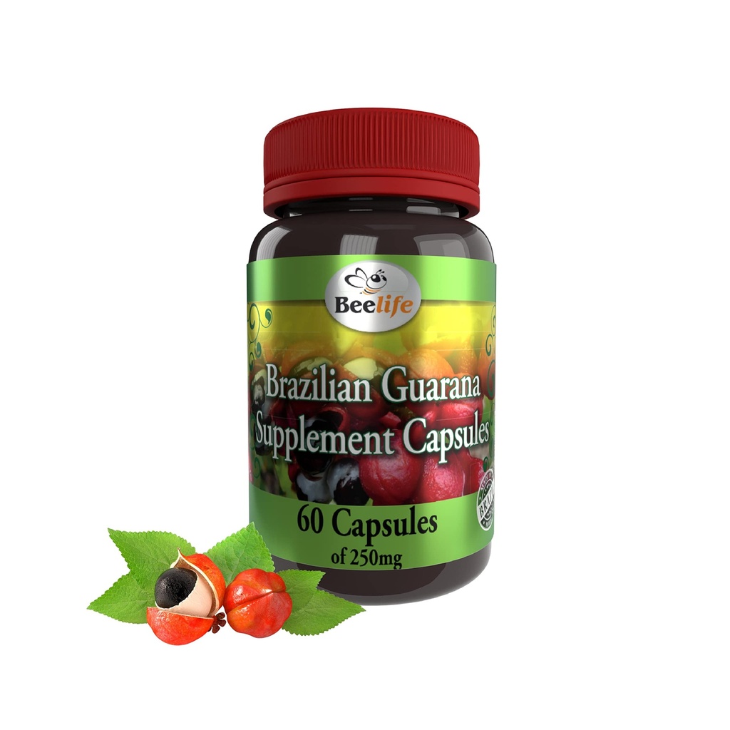 Beelife Brazilian Guarana Kapsule - Naravni kofein dopolnila iz Brazilije - Energija in mentalno fokus, podpora za mišično moč - Zero Gluten, No Sugar Pre Workout za moške in ženske - 250mg 60 Caps