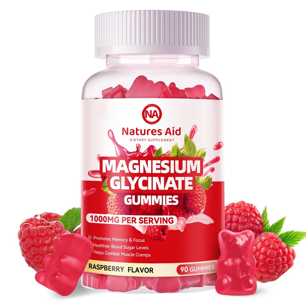 Magnezijev Glycinate Gumies 1000mg - Sladkor Brez sladkorja Magnezijev Kalij dodatek z vitaminom D, B6, CoQ10 za mirno Mood & Sleep Podpora - 90 Raspberry Gumies.