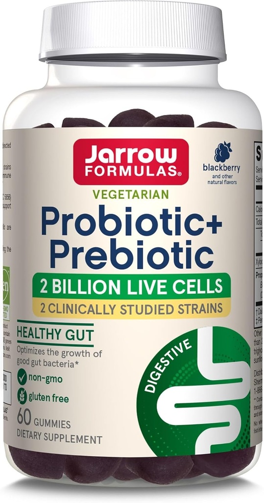 Jarrow Formulas Probiotic+ Prebiotični prehranski dodatek, Pregestivno zdravje, Gut Flora+Immune Health - 2 milijardi CFU - 2 klinično Študirana sevi - 60 Gumies - Blackberry Flavor