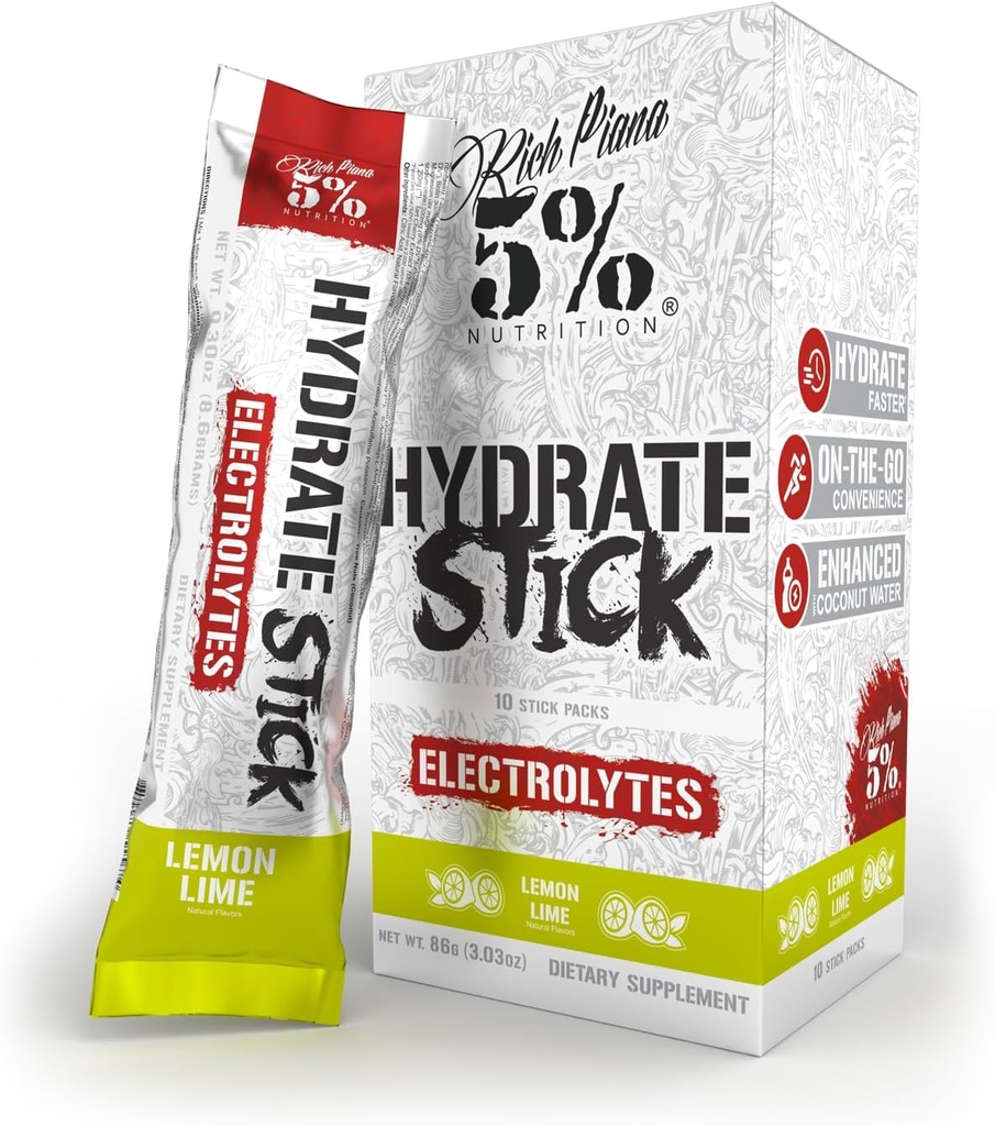 5% Nutrition Hydrate Stick Hydration Packets | Sport Electrolyte Powder Mix Packets with Coconut Water (Lemon Lime) (10 Count)