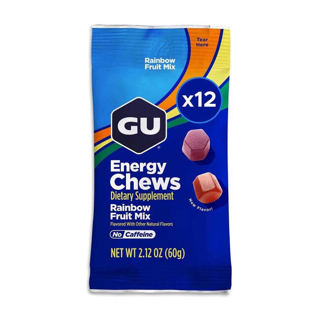 GU energijski žveči, Rainbow Mix energijski žvečilni gumiji z elektroliti, brez mleka, on-the-Go energija za vsako vajo, 12 vrečk (24 Serving skupaj)