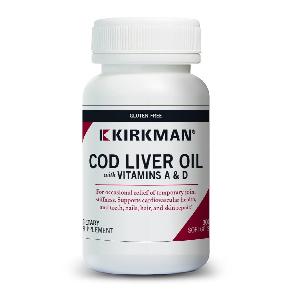 Kirkman - Trska Jetrno olje z vitaminom A & D - 300 Softgels - Essential Maščobne kisline - Podpira Osnovno zdravje - Hipoalergeni