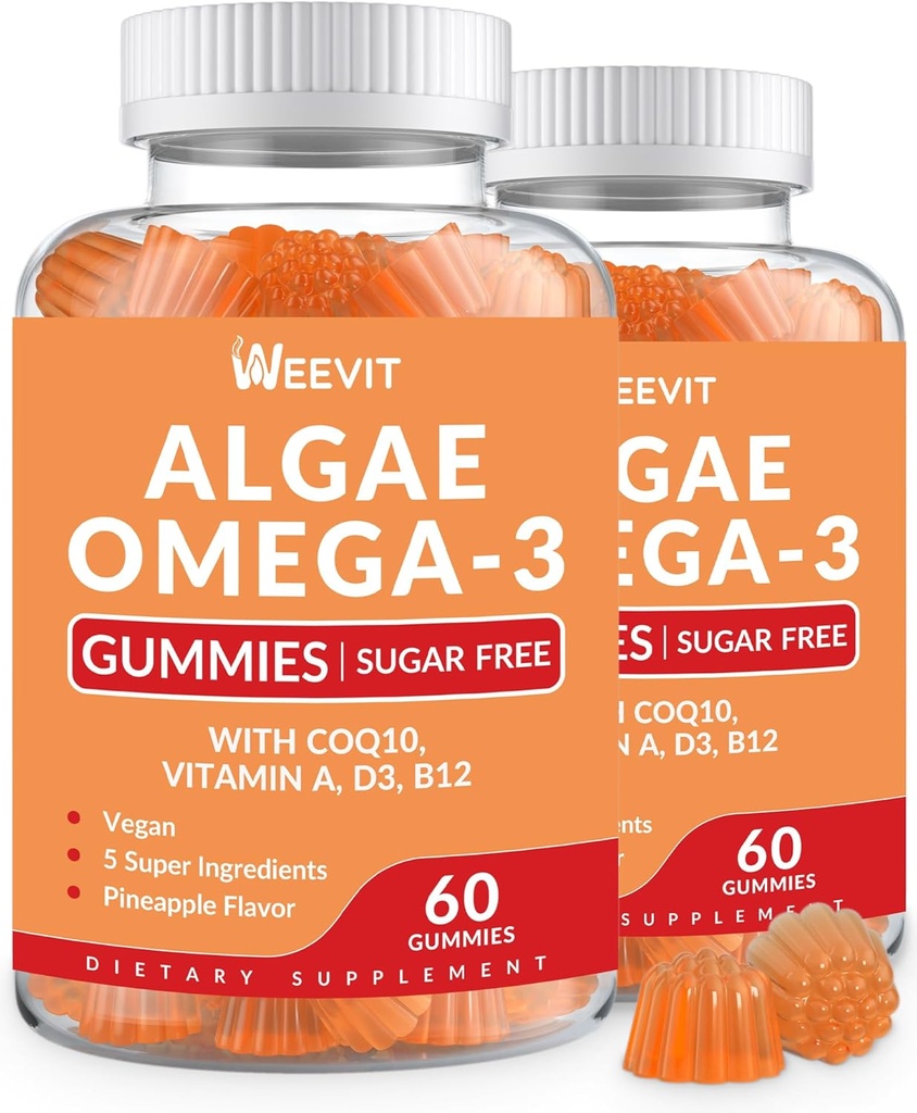 Vegan Omega 3 Gummies, Algae Omega-3 dodatek DHA 240mg, EPA 110mg w/Vitamin B12, CoQ10, ribje olje alternativa za odrasle - Brain, Bone, Eye & Immunity Podpora