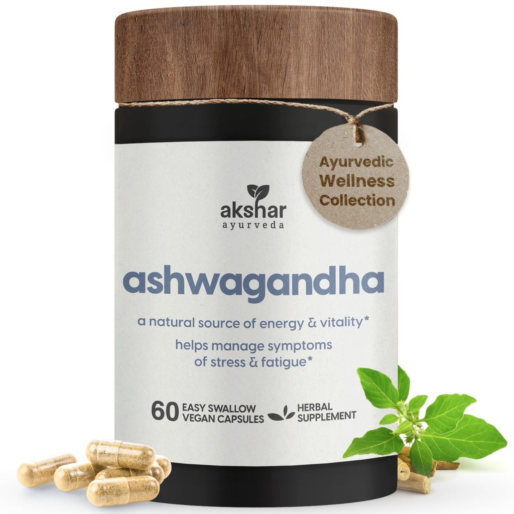 AKSHAR Ayurveda - Ashwagandha kapsule z Ashwagandha Root Extract in Powder - adaptogene zeliščne podpore - Vegan Cruelty-free Ashwagandha dodatki (60 Count)