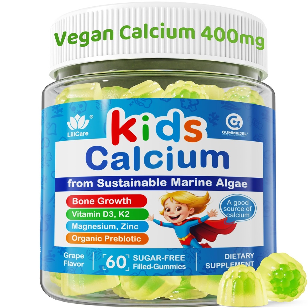 Otroci Kalcijevi žvečilni gumiji + vitamin D3 K2, magnezij, cink, ekstra absorpcija Alge Kalcijev dodatek za otroke Nežen za želodec, kosti, zobe, mišice, možgane, sladkor brez žvečljivih otrok Vitamini 4+, 60 Število