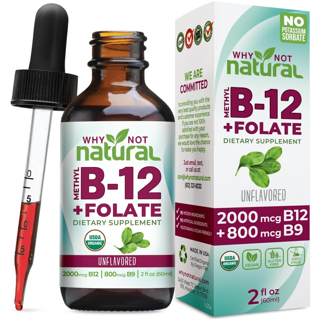Zakaj ne naravni vitamin B12 Liquid Plus Folate - organska podjezična ekstra moč Veganske kapljice - metil dodatek s folinik