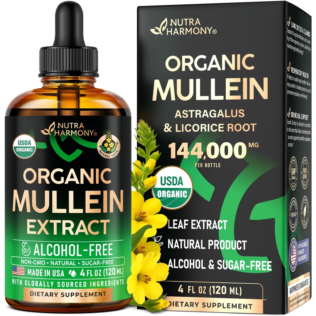 Mullein kapljice za pljuča - USDA Organic Liquid - Mullein Leaf Extract dodatek - Made in USA - Lung & Bronchial čiščenje za kadilce - Podpora za zdravje dihal - Kot Tinktura, Čaj, tablete - 4 fl oz