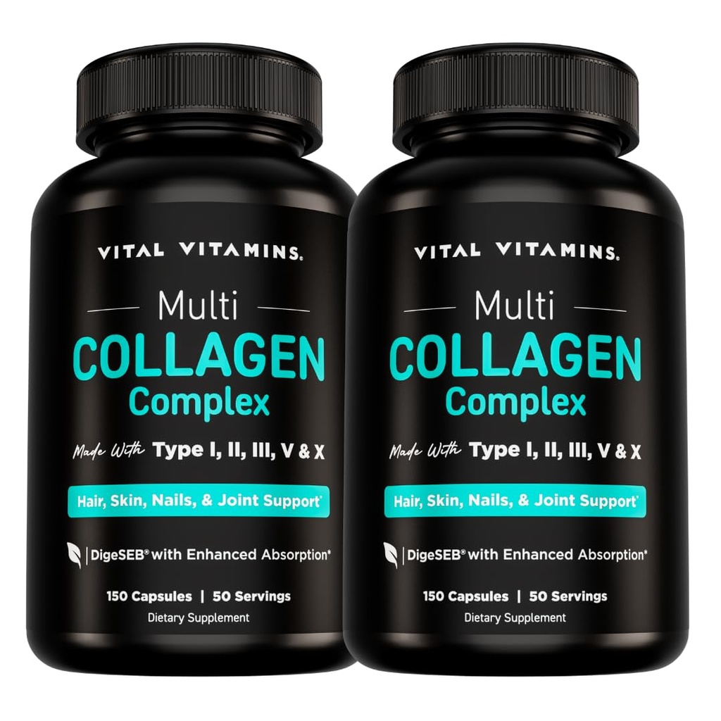 Vitalni vitamini Več kolagenske tablete za ženske in moške (2-Pack) - hidrolizirani kolagen peptidi - tip I, II, III, V, X - hranilnik trave, ne-GMO