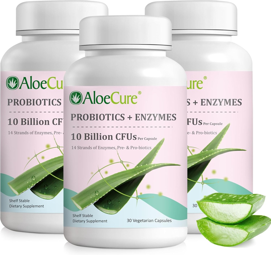 AloeCure Daily Probiotics 10 milijard CFU za digestivno podporo 8 sevi, 6 Prebiotiki in encimi - Prebavni dodatek z bromelainom za ženske in moške - Gut podporo, Prebavni Relief, 30 Caps x 3btls