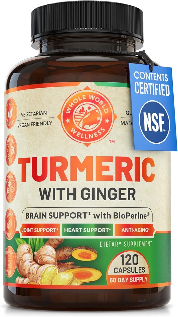 Organic Turmeric Curcumin z Ginger & Black Pepper, 2 Mesec dobave. Podpira zdravje srca, zdravje možganov in skupno zdravje. Max Absorpcija Kurkuma dodatek. NSF Certified, Made in USA. 120 kapsul.