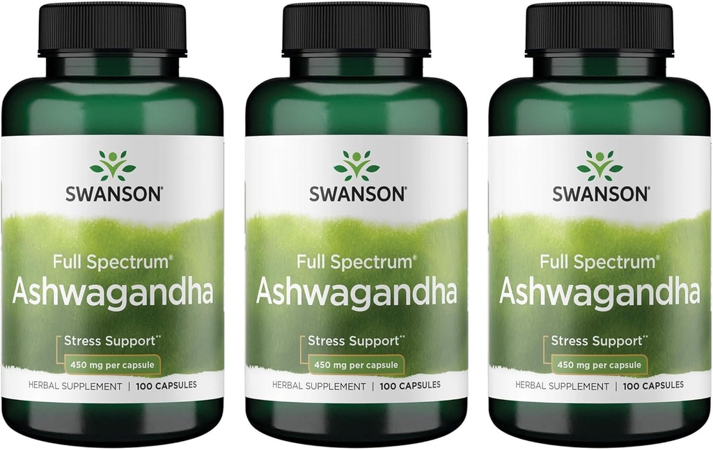 Swanson Ashwagandha Powder Supplement-Ashwagandha Root Promotion Stress Relief & Energy Support-Ayurvedski dodatek za naravno Wellness (100 kapsul, 450mg vsak) 3 pakiranje