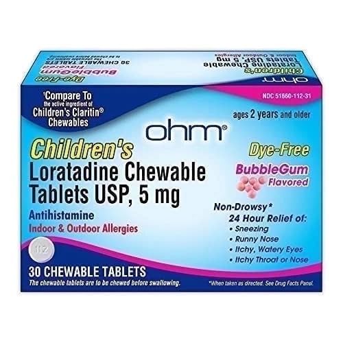 Ohm otroška loratadin žvečljiv, barva brezplačno, Bubblegum, ne-Drowsy 24h Relief Sneesing, Runny Nose, Watery oči, Srbeče grlo ali nos, Antihistaminik, Notranje & Zunanje alergije, 5mg, 30 Tablete