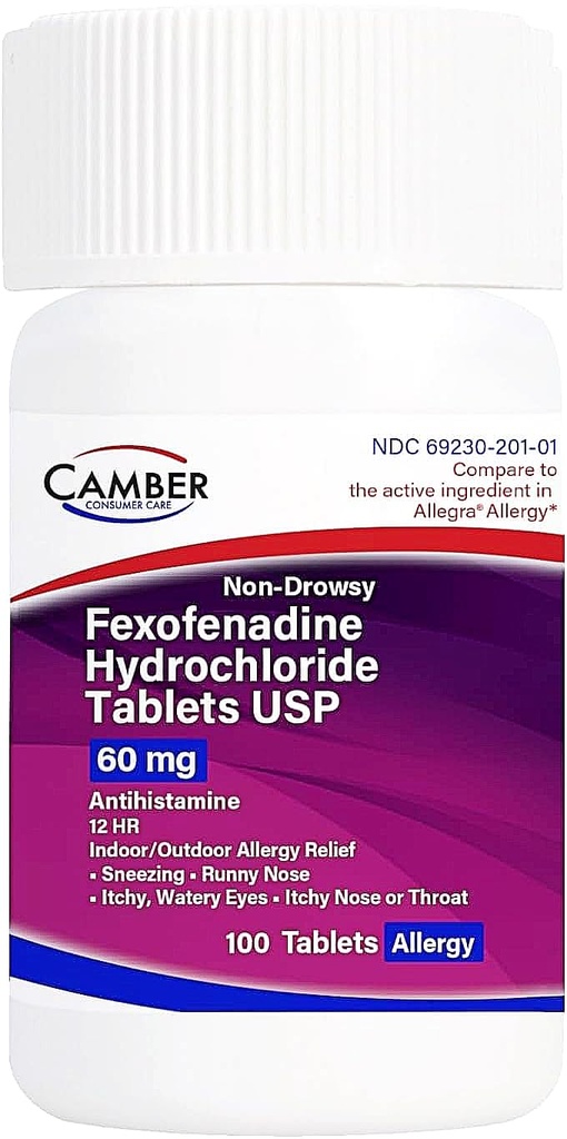 Camber Ne- Motna Fexofenadin Antihistaminik Notranja zunanja alergija Relief tablete 60Mg 100 Število