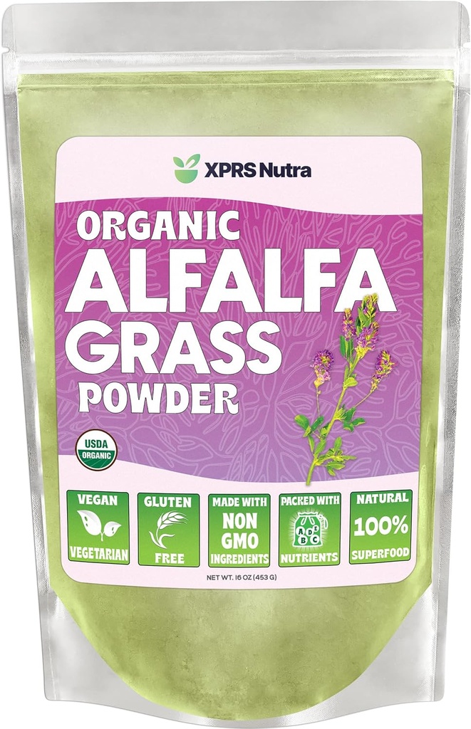 XPRS Nutra Organic Alfalfa Powder - Premium Vegan dodatek bogat s kalcijom, antioksidanti, vitamini - Kmet dopolnilo za otroke in odrasle - Vegan prijazno Alfalfa List (16 Ounce)