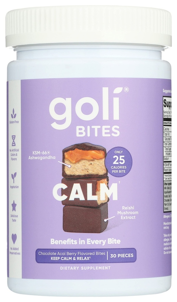 Goli Nutrition Calm Ashwagandha Bites Chocolate Acai Berry Flavor, kofein, vegetarijanec, Gluten brezplačno in brez dodanih konzervansov, 30 kosov (Pack of 1)