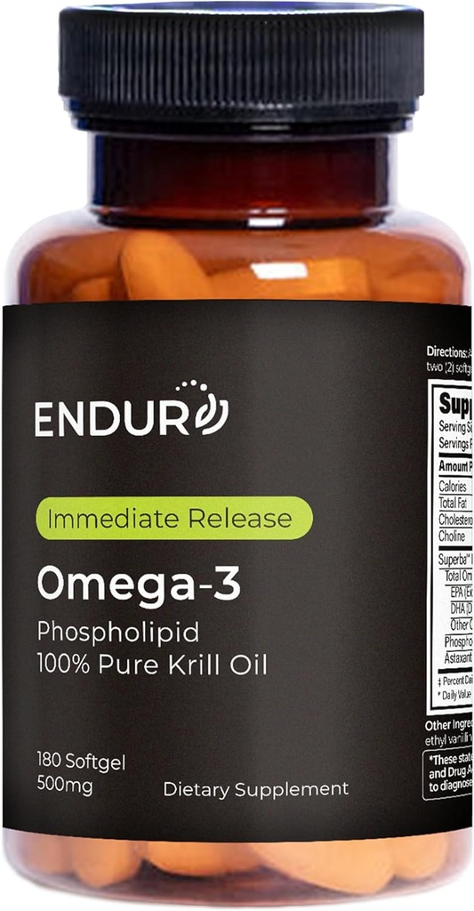 Endur Omega-3 fosforolipid (100% Pure Krill Oil), Heart Health Supplement, oblikovan za optimalno absorpcijo, Gluten Free, 500mg (180 Softgels)