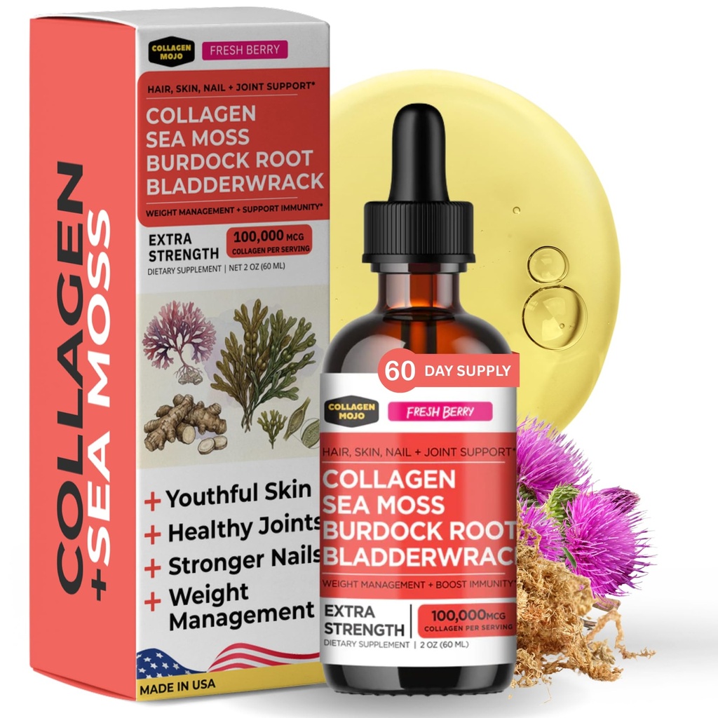 Liquid Collagen with Irish Sea Moss for Women & Men - Collagen Peptides Drops with Burdock Root & Bladderwrack - Hair, Skin, Nails, Joint & Weight Management - 100,000mcg, 2 Oz