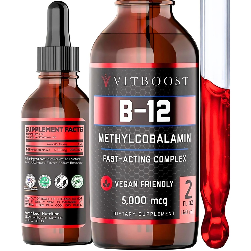 Veganske tekoče B-12 kapljice – 60 x 5000 mcg ekstra moč malina Okusen vitamin B12 Tekoči metilkobalamin podjezični dodatek 