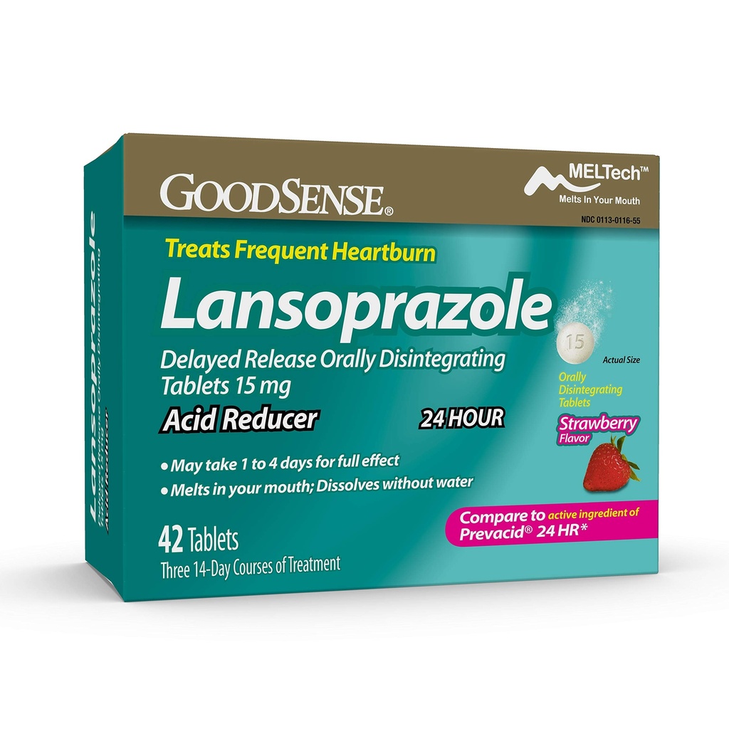 GoodSense Lansoprazol Zapoznelo sproščanje Peroralno razkroji tablete 15 mg, reducent kisline, aroma jagod, 42 število (paket po 1)