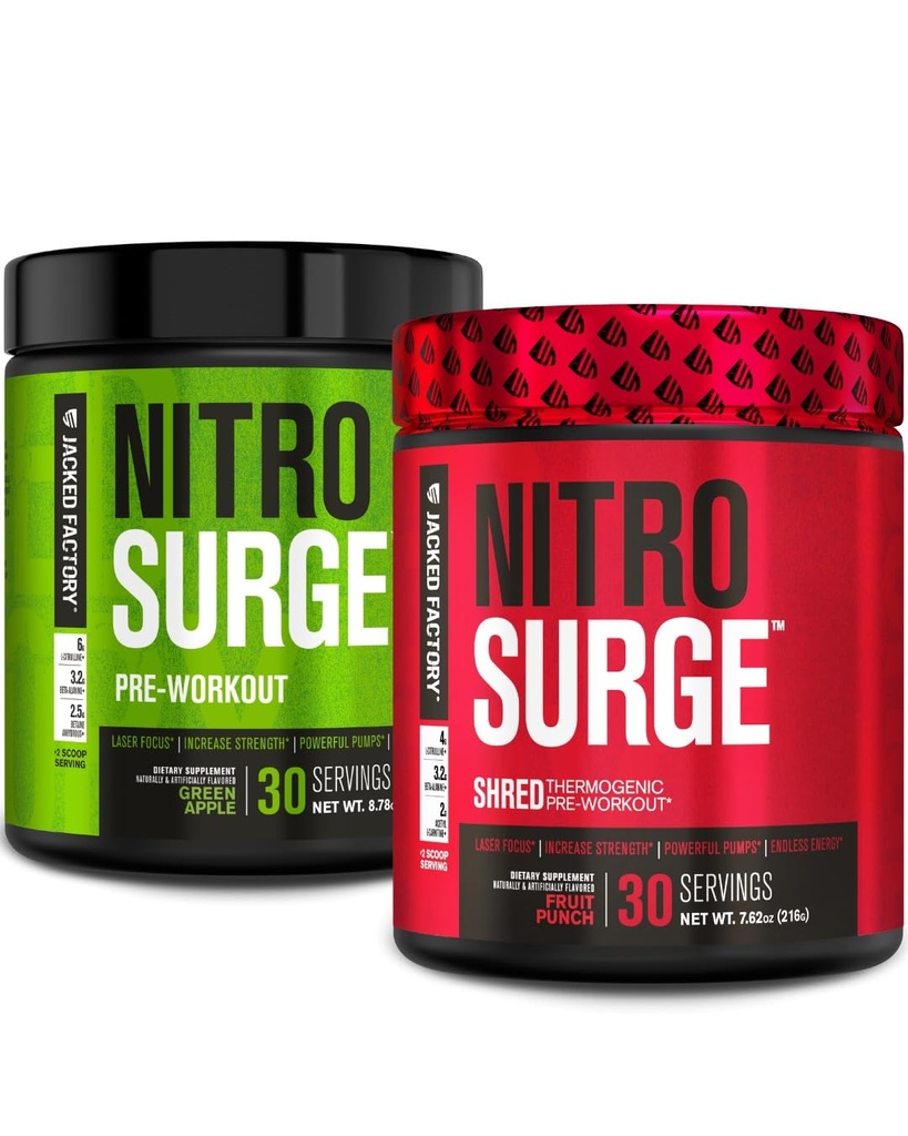 Jacked Factory Nitrosurge Pre-World in Green Apple & Fruit Punch Nitrosurge Shred Termogenic Pred-Workout za moške in ženske