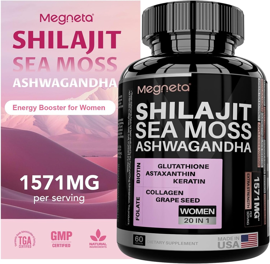 All-in-One Sea Moss, Shilajit, Ashwagandha & Glutatione dodatek za ženske, Pospešuje energijo, 60 kapsul