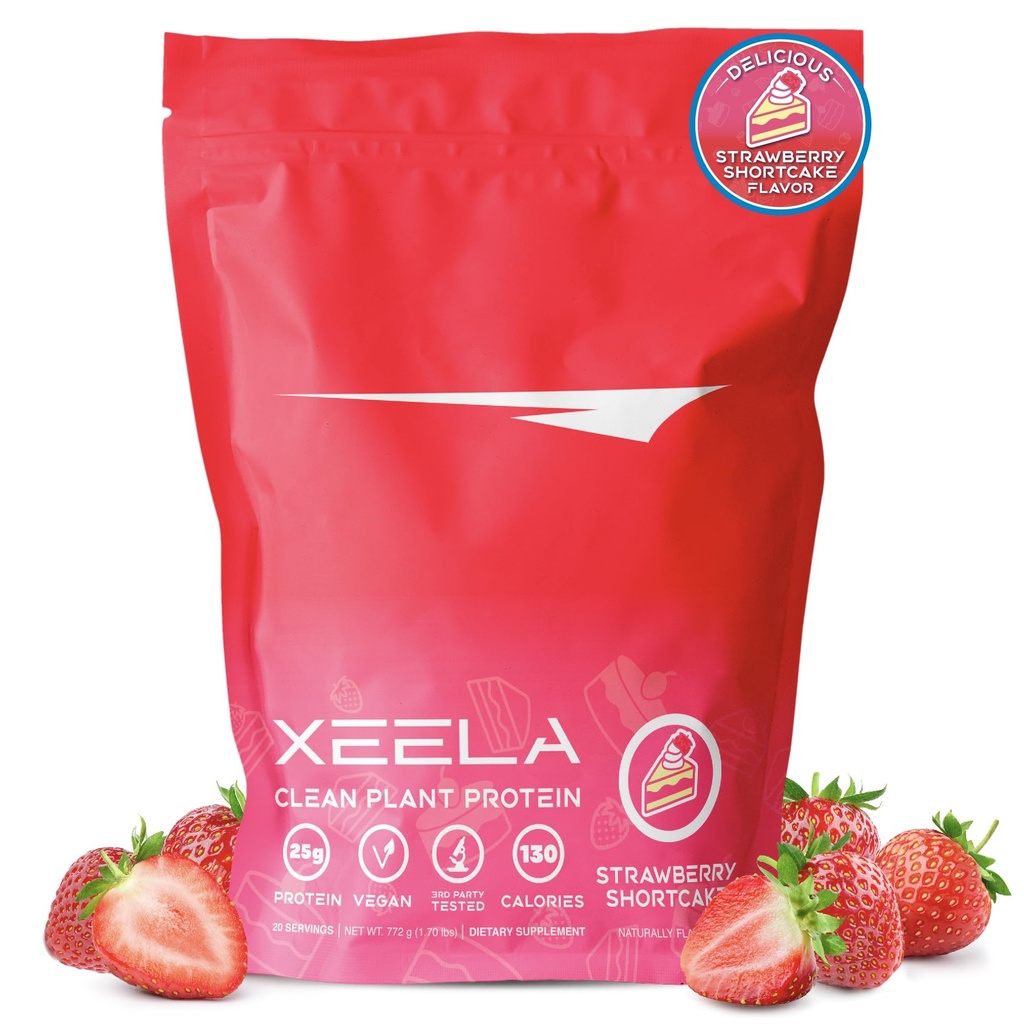 XEELA rastlinski veganski protein v prahu - Neodvisno testirani - 25g visoki proteini, Pea proteini za moške in ženske - vitamini in minerali, ne GSO, Mlekarna & Gluten brez, Nizka karbam & LowFat (Strawberry Cake)