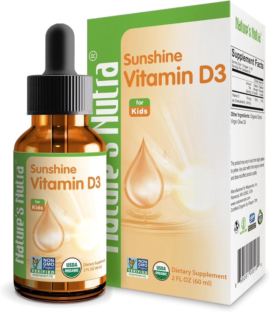 Narava Nutra Sunshine Vitamin D3 400IU, 2 Fl. Oz (60ml), Premium Baby and Infant Liquid kapljice, Toddlers Otroci Otroci Multivitaminski dodatek, Non-GMO, Rastlinski ekstrakt